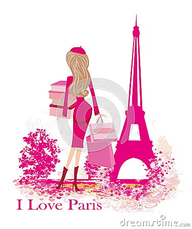Women Shopping in Paris card Vector Illustration