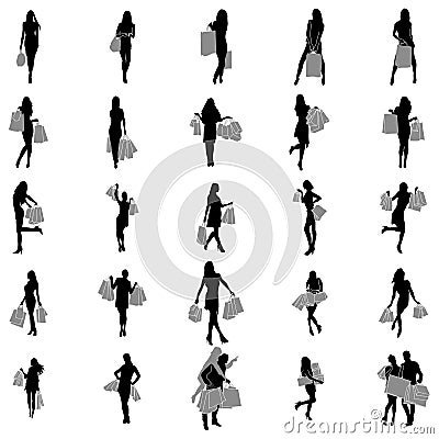 Women Shopping Silhouette set Vector Illustration
