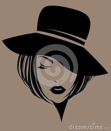 Women short hair with a hat, logo women face on brown background Vector Illustration