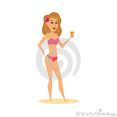 Women shows sunscreen. Vector Illustration