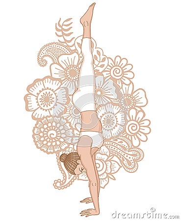 Women silhouette. Headstand yoga pose. Adho Mukha vrksasana. Vector Illustration