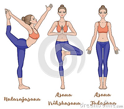 Women silhouette. Lord of the dance yoga pose. Natarajasana. mountain . Tadasana. tree . Vrikshasana Vector Illustration