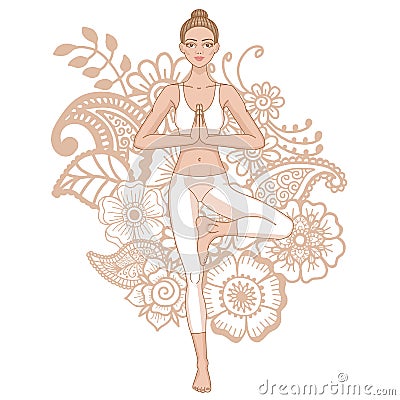Women silhouette. Yoga tree pose. Vrikshasana. Vector Illustration