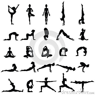 Women silhouettes. Collection of yoga poses. Asana set. Vector Illustration