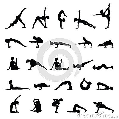 Women silhouettes. Collection of yoga poses. Asana set. Vector Illustration