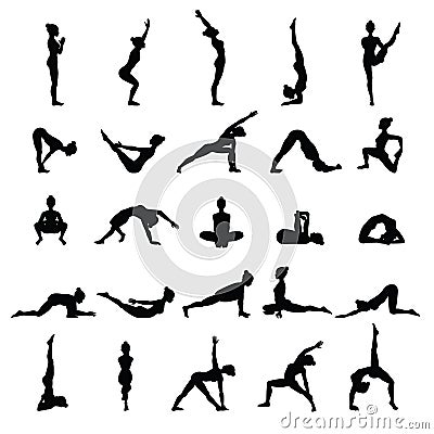 Women silhouettes. Collection of yoga poses. Asana set. Vector Illustration