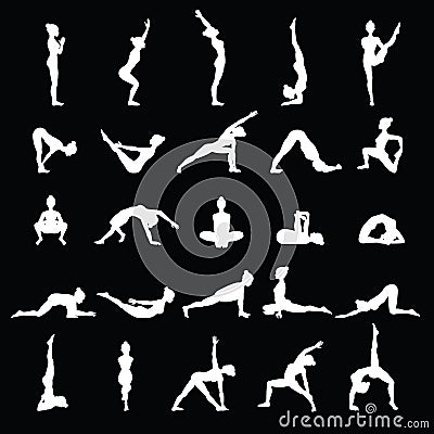 Women silhouettes. Collection of yoga poses. Asana set. Vector Illustration