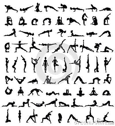 Women silhouettes. Collection of yoga poses. Asana set. Vector Illustration