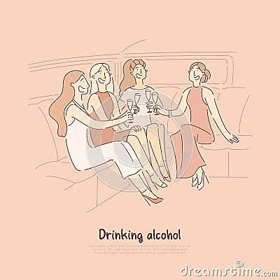 Women sitting in elite car with glasses, celebrating bachelorette party with girlfriends, having toast in seat of limo Vector Illustration