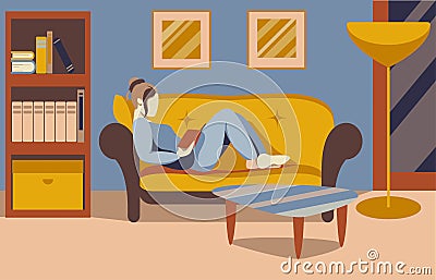 women is sitting and reading book in living room Vector Illustration