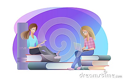 Women sitting on stack of books, holding digital gadgets. Vector. Vector Illustration