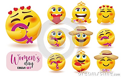 Women smiley characters vector set. Women`s day emoji collection with girl emoticon character holding female symbol for woman and Vector Illustration