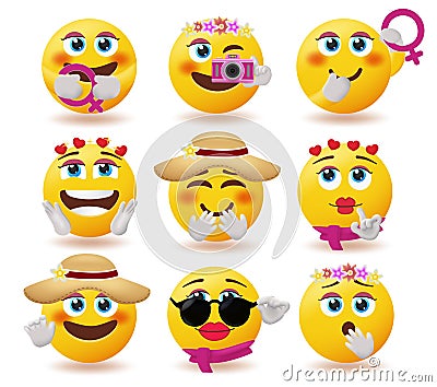 Women smiley characters vector set. Woman emoji collection with cute and beautiful facial expressions and feminine elements. Vector Illustration