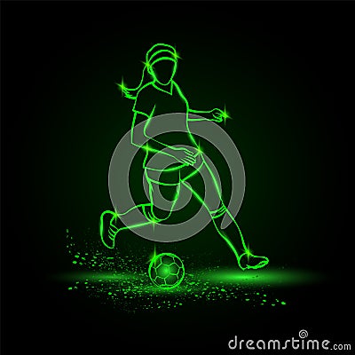 Women soccer player running with ball. Vector Football sport green neon illustration Vector Illustration