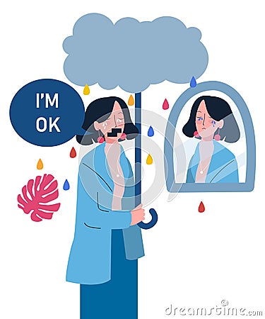 Women sorrow expression holding stick look in mirror cloud drops rain water color self support with flat cartoon style Vector Illustration