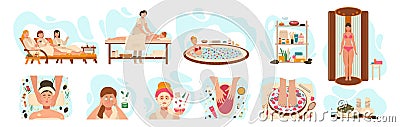 Women in spa center, wellness beauty salon procedures, vector illustration Vector Illustration