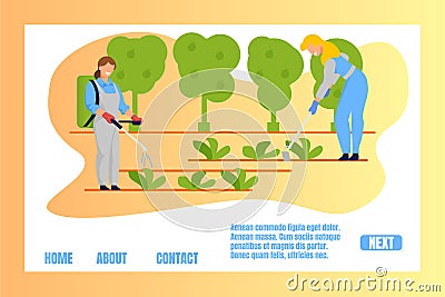 Women Spraying Chemicals and Weeding on Garden Bed Vector Illustration