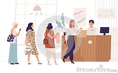 Women standing in queue at boutique. Female character shopping in clothing store. Cashier at checkout counter selling Vector Illustration