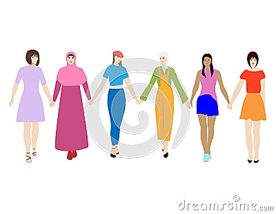 Happy women standing together and holding hands. Group of female friends, union of feminists, sisterhood. Flat cartoon Vector Illustration