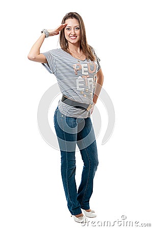 Women in striped vest and jeans Stock Photo