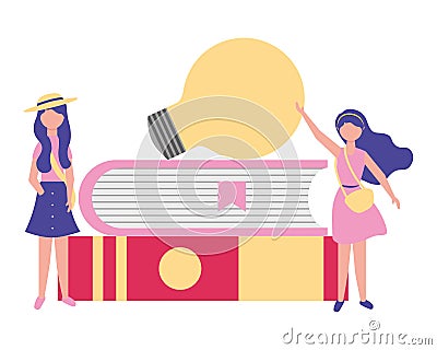 Women student books and bulb idea Vector Illustration