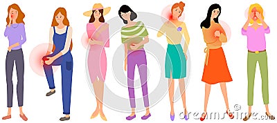 Women suffering from pain. Patients touching sore body parts. Painful sensations of sick people Vector Illustration