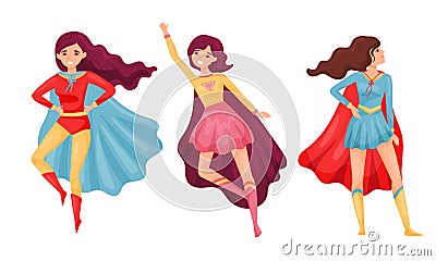 Women Superheros Wearing Cloak and Posing Vector Set Vector Illustration