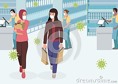 Women in the supermarket wearing medical mask during pandemic Vector Illustration