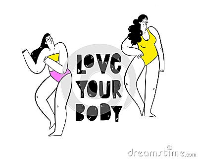 Women in swimsuits. Female characters. Body positive movement and beauty diversity. Love your body concept. Vector Illustration