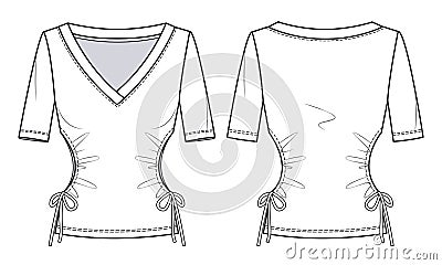 Women T-Shirt fashion flat sketch template. Girls Short Sleeves T-Shirt with straps Technical Fashion Illustration. V-neck Shirt Vector Illustration