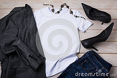 Women T-shirt mockup with high heels and blazer Stock Photo