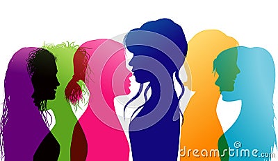 Women talking. Dialogue between women. Conversation between women. Colored silhouette profiles. Multiple exposure Stock Photo