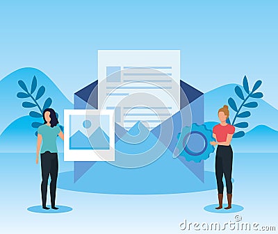 women teamwork with documents information and photo Cartoon Illustration