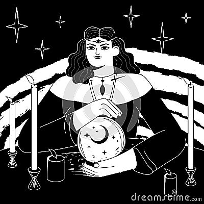 Women are telling the future by seeing the crystal ball. Beauty Fortune teller. Gypsy oracle. Vector Illustration