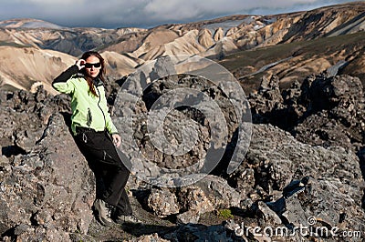 Women tourist posing on the lava field Stock Photo