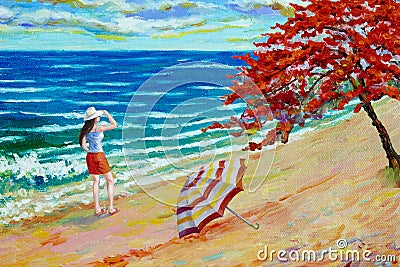 Women tourist on sea beach. Cartoon Illustration