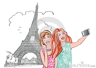 Women tourists at Eiffel Tower making travel selfie Vector Illustration