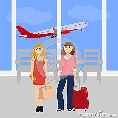 Women tourists at the international airport Vector Illustration