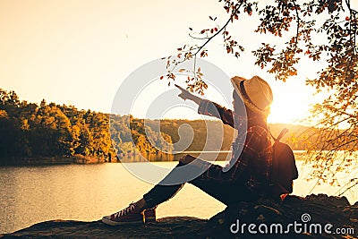 Women tourists in the midst of peaceful nature, Traveling of tourists only to find the beauty of nature Stock Photo