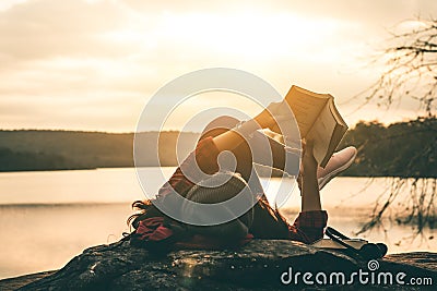 Women tourists read books. Stock Photo