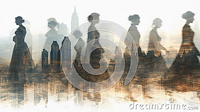 Women transparent figures layer over modern-day cityscape. Women history month concept. AI Generated Stock Photo