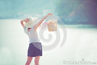 Women travel alone on the Summer beach Stock Photo