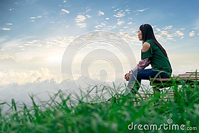 Women travel mountain view and fog Stock Photo