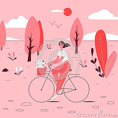 Women traveling on bike with dog in bascet. Pink colors Vector Illustration