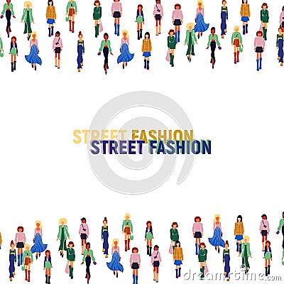 Women in trendy clothes. Fashion flat style vector border. Vector Illustration