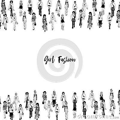 Women in trendy clothes. Fashion vector border. Vector Illustration