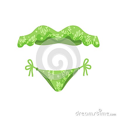 Women two-piece swimwear with ruffle top. Bright green bikini. Female clothing for swimming. Flat vector icon Vector Illustration