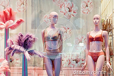 Women underwear on mannequin at the store. Underwear on a doll in shopping showroom. Lingerie shop. Stock Photo