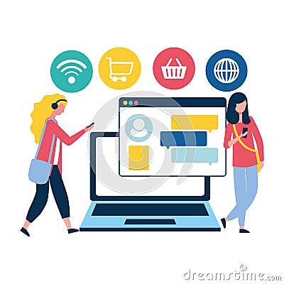 Women using cellphone online shop Vector Illustration