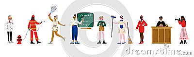 Women of Various Professions Set, Confectioner, Fireman, Tennis Player, Teacher, Scientist, Maid, Stewardess, Judge Vector Illustration